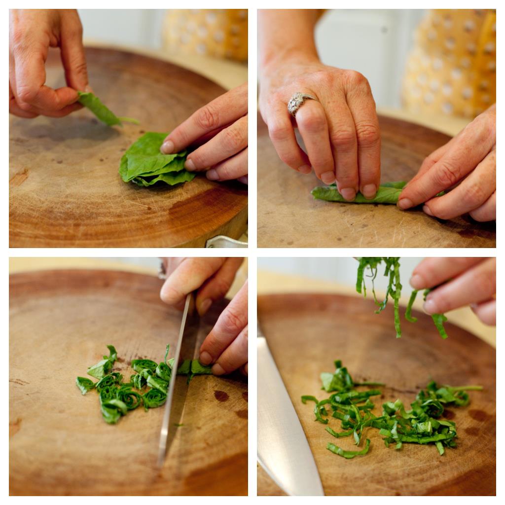 A photo collage of a woman's hands demonstrating how to chiffonade basil for use in Grandma Julia's Green Beans