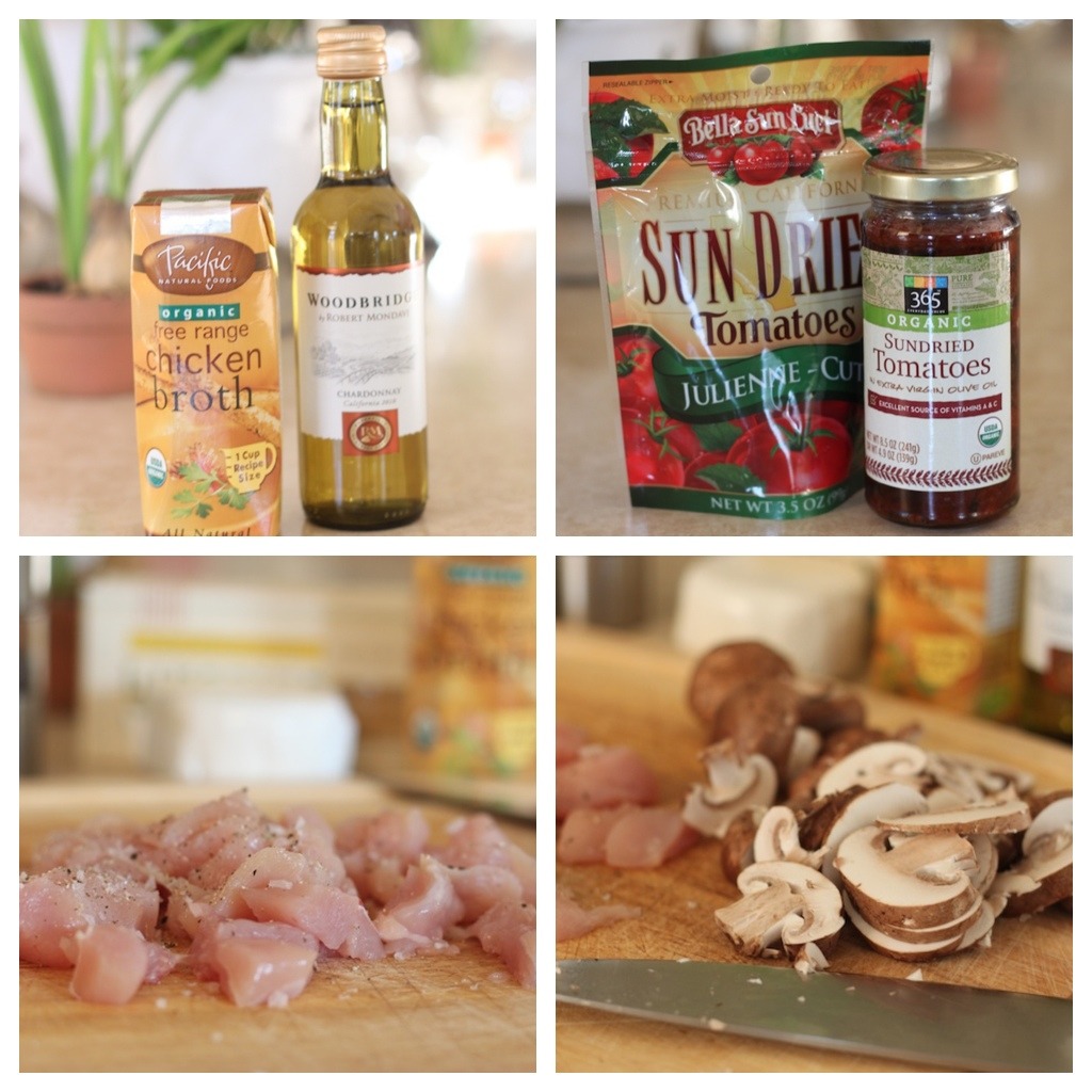 A series of four photos showing ingredients used in Linguini with Chicken and Goat Cheese 