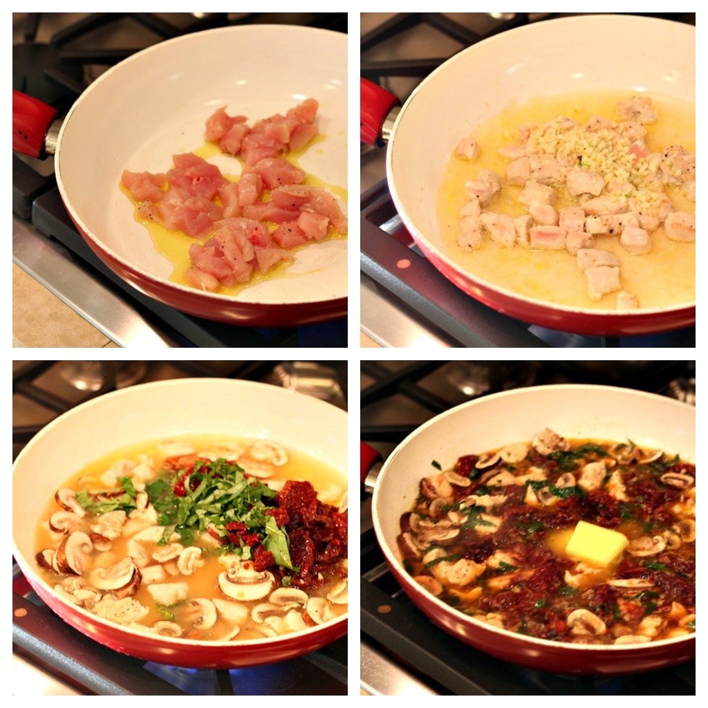 A series of four photos showing chicken cooking in a pan, garlic, herbs and mushrooms simmering in preparation for making Linguini with Chicken and Goat Cheese