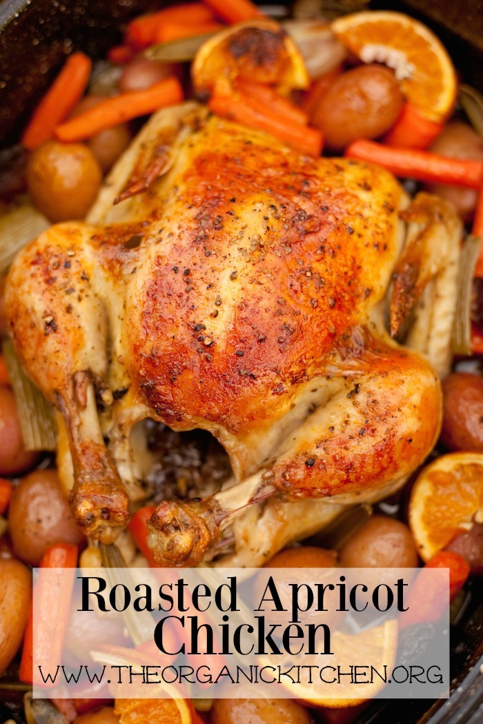 Roasted Apricot Chicken with Herbs de Provence surrounded by roasted vegetables in a black pan