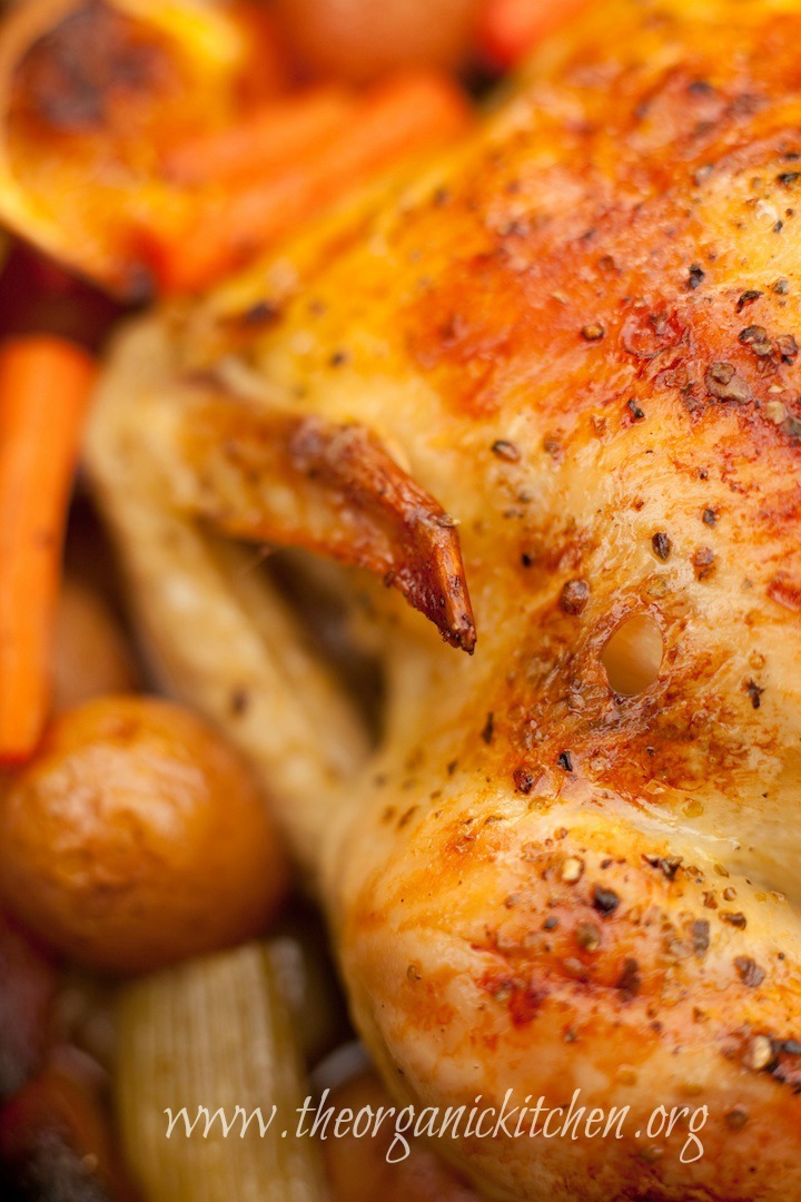 A close up photo of golden Roasted Apricot Chicken from The Organic Kitchen