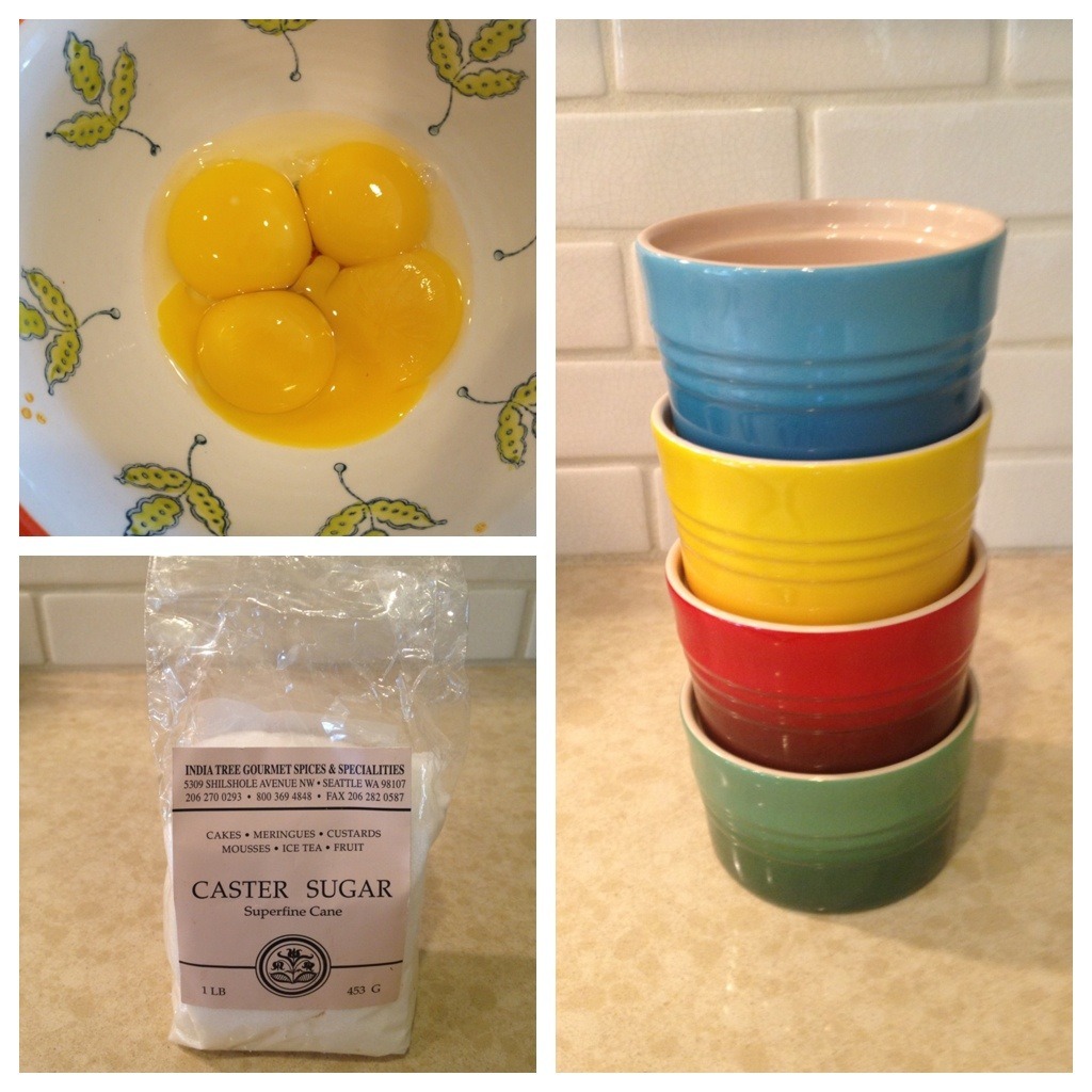 Ramekins, egg yolks and sugar: preparations for making Orange Vanilla Creme Brûlée