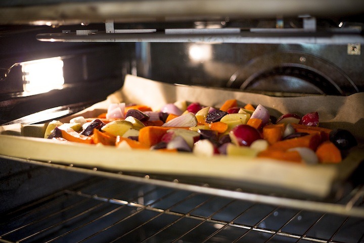 Simple Roasted Vegetables on a sheet pan, in the oven