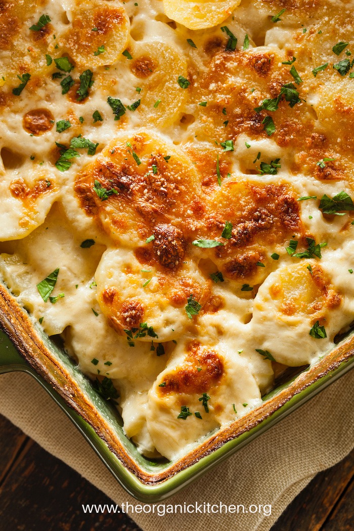 Three cheese au gratin potatoes with crispy top