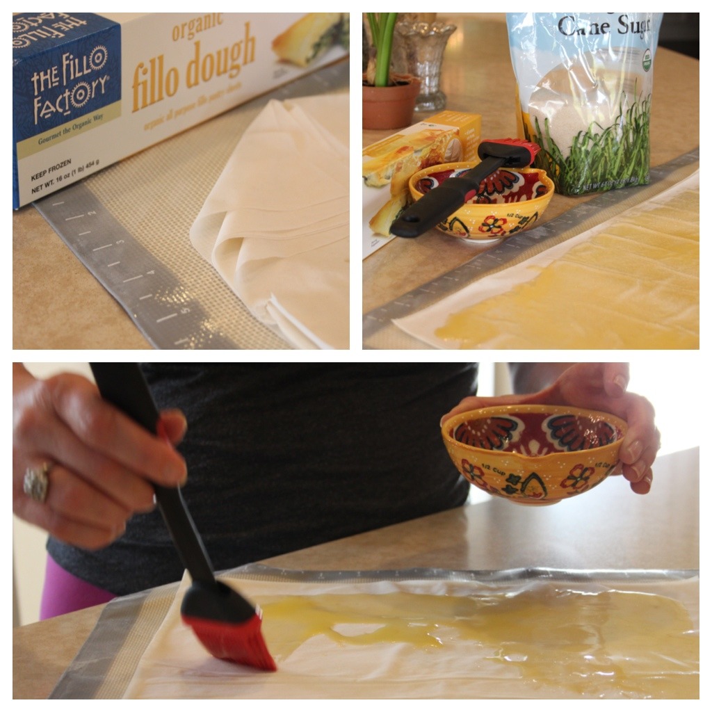 Three photos demonstrating how to use and butter fillo dough to use in making Berries in a Pastry Basket!