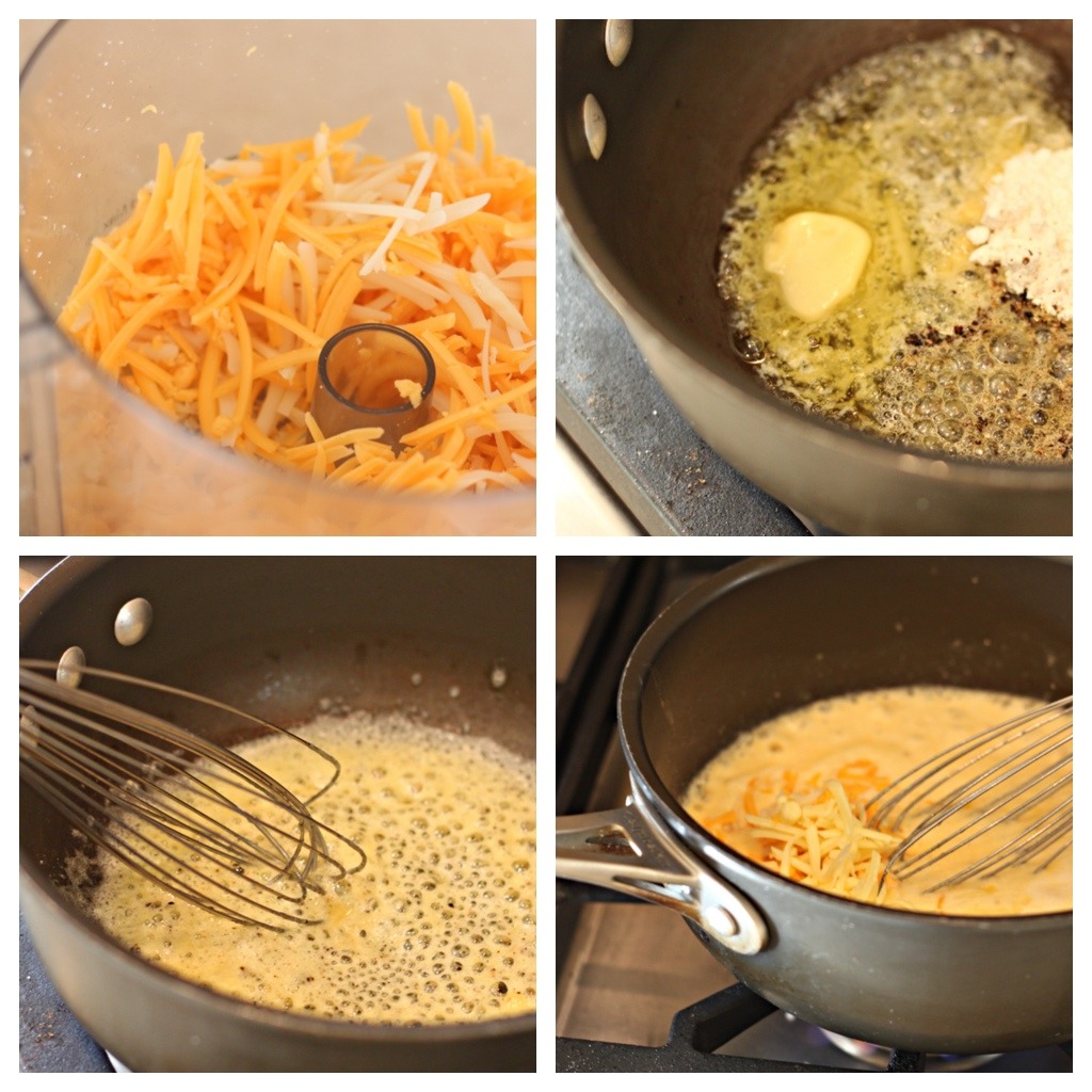 A series of four photos depicting how to make a cheese sauce for Three Cheese Au Gratin Potatoes