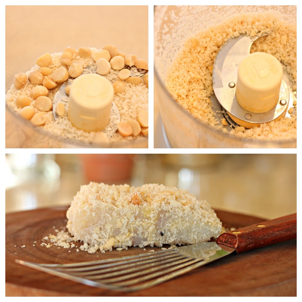 Macadamia nuts being processed in a food processor and a piece of fish covered in macadamia nuts