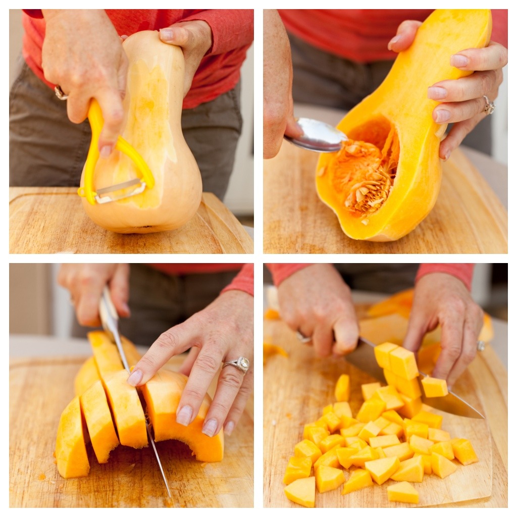 A collage of photos of a woman demonstrating how to peel and cut butternut quash for Fall Salmon Salad with Basil Vinaigrette