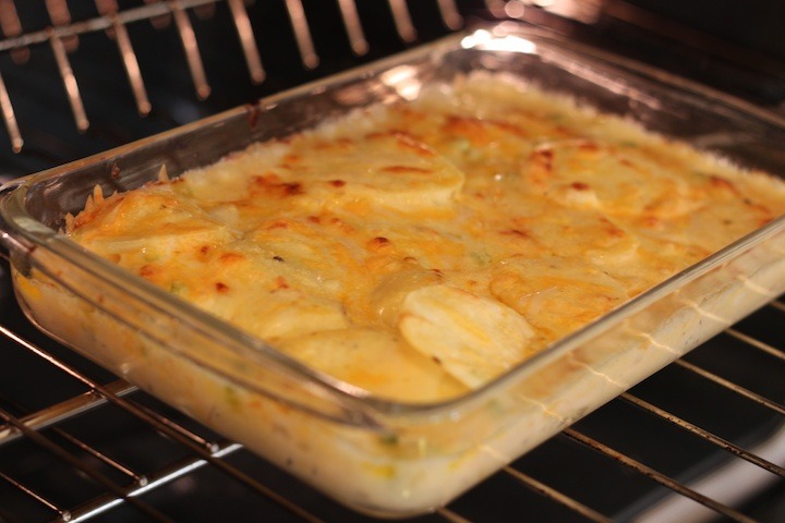 Three Cheese Au Gratin Potatoes in oven beginning to get golden 