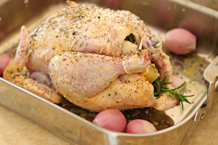 A raw chicken seasoned and tied in a roasting pan in preparation to make Roasted Lemon Garlic Chicken
