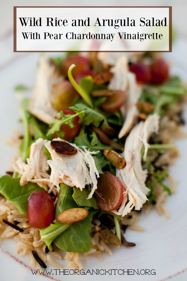 Wild Rice and Arugula Chicken Salad with Pear Chardonnay Vinaigrette on a white plate