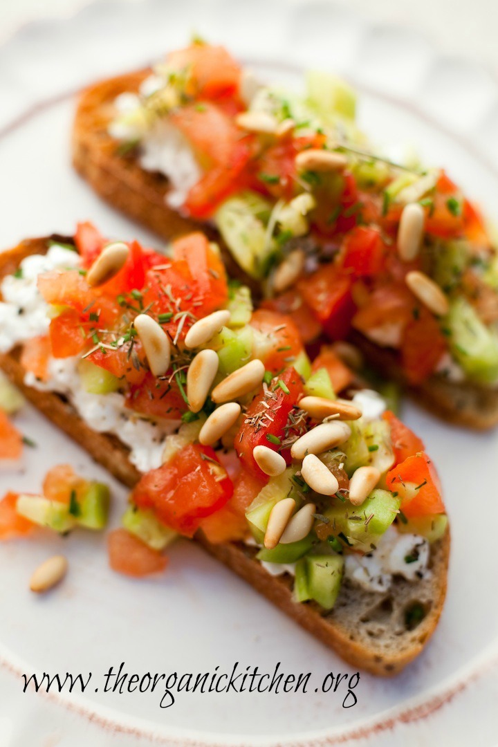 Cucumber Tomato Tartines ~ The Perfect Appetizer or Lunch on white plate with scalloped edges