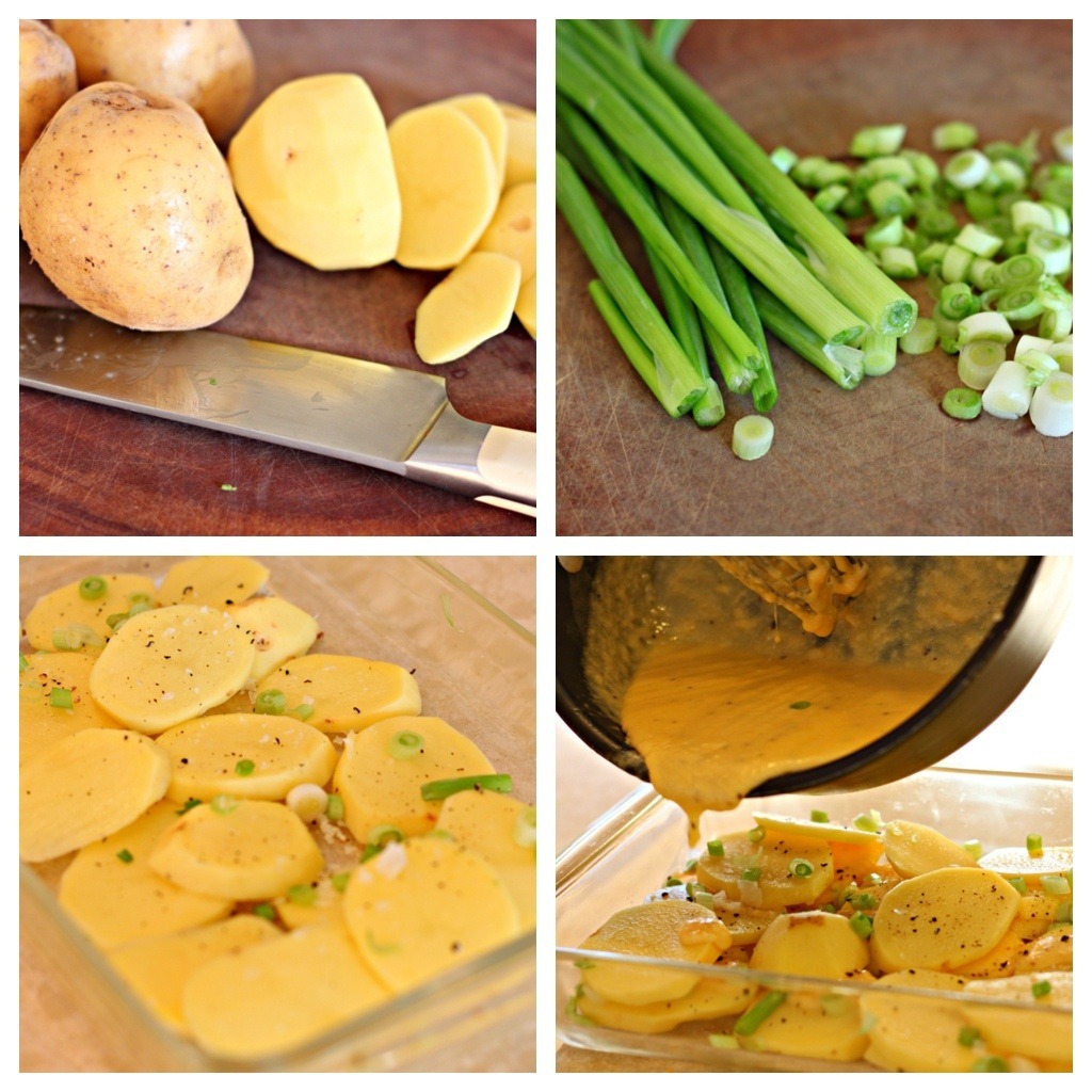 A series of photos showing how to layer potatoes, green onions and cheese sauce for Three Cheese Au Gratin Potatoes