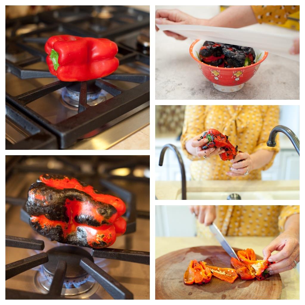 A series of photos depicting How to Roast a Red Bell Pepper. 1. Red pepper on open cooktop flame. 2. Red pepper charred black by flame. 3. Red pepper in a bowl with female's hand covering bowl with plactic. Felmale removing charred skin from red bell pepper over the sink. Female hands holding a knife, slicing red bell pepper