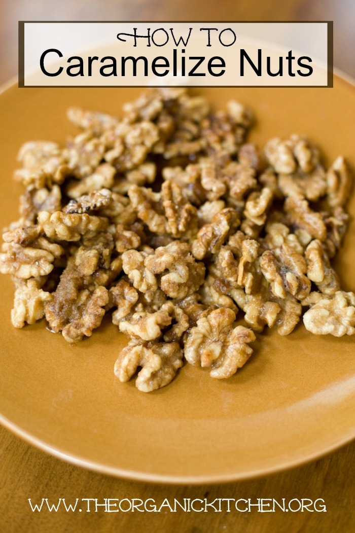 A gold plate filled with caramelized walnuts: How to Caramelize Nuts in The Oven or on The Cooktop!