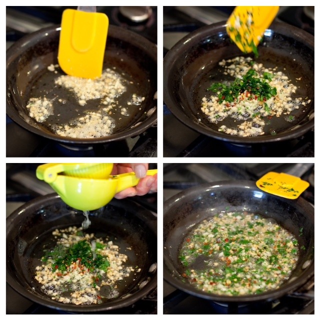 A collage of photos demonstrating how to cook garlic and parsley in lemon juice and oil for Pasta Aglio e Olio with Sunnyside Up Eggs from The Organic Kitchen
