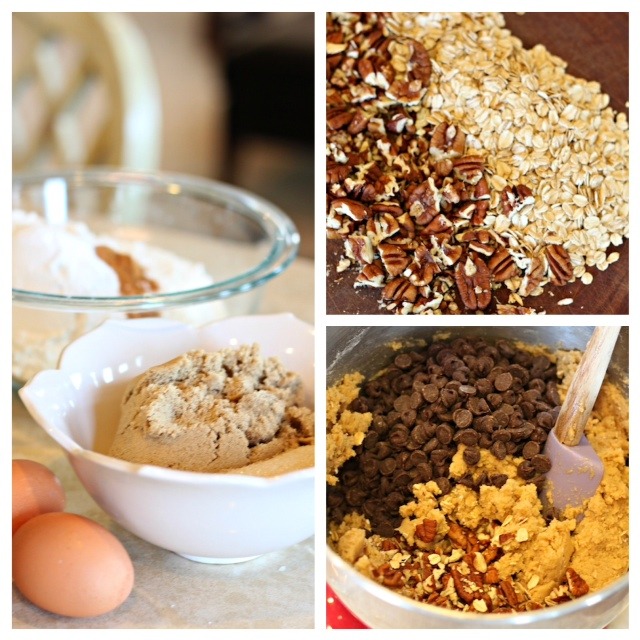 A collage of the ingredients used to make Chocolate Chip Oatmeal Cookies with Orange Glaze