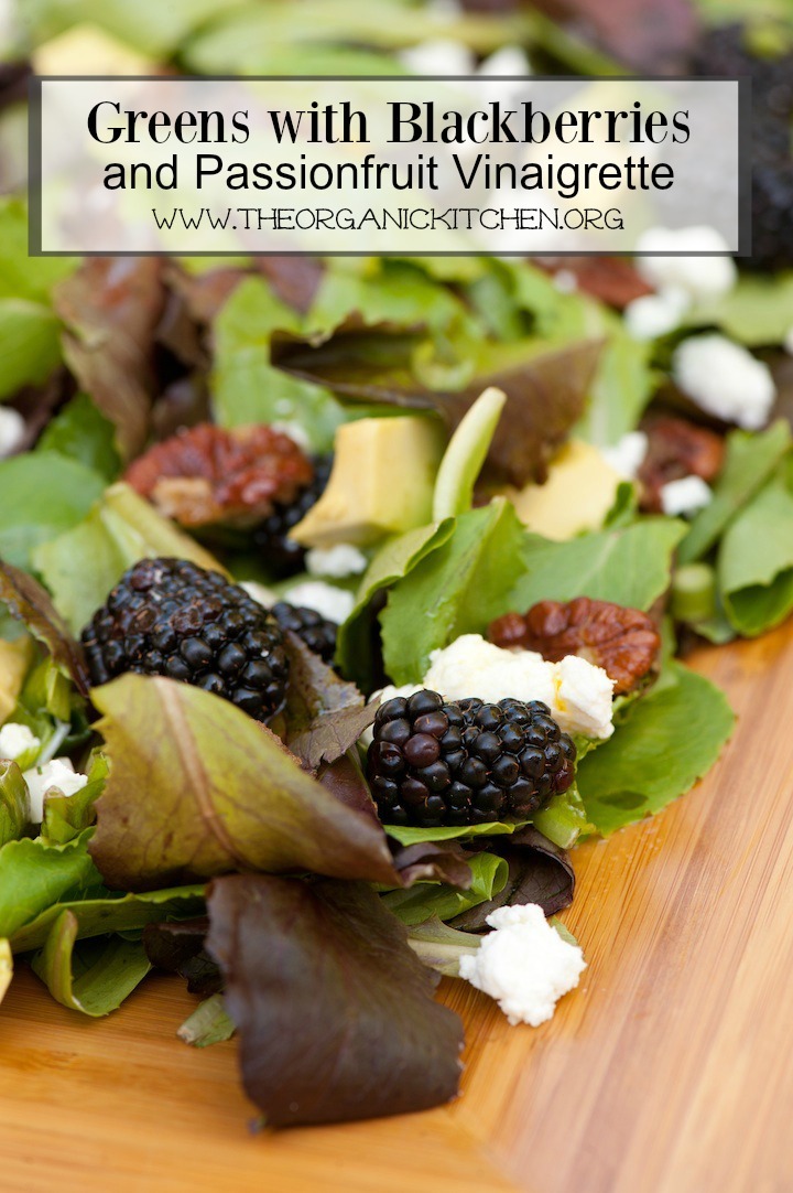 Greens with Blackberries and Passionfruit Vinaigrette Recipe shown on a platter