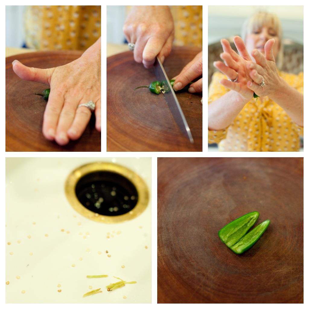 A series of photos of a woman hands demonstrating how to chop a serrano chili pepper