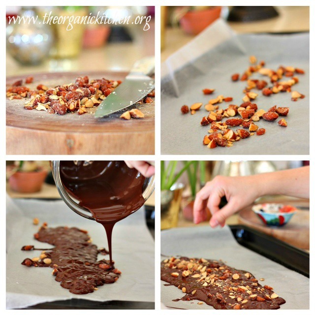 How to Make Chocolate Bark: a collage depicting how to chop nuts, pour melted chocolate onto parchment, and sprinkle with sea salt