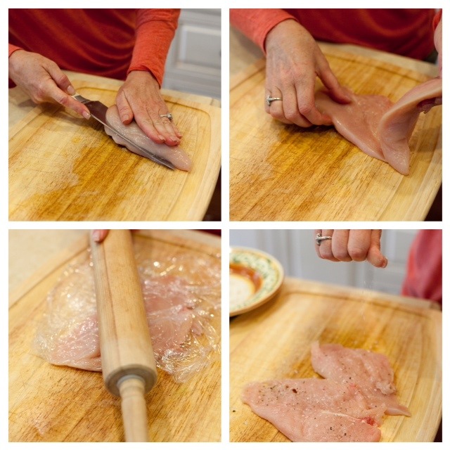 A woman's hands holding a knife and demonstrating how to make chicken cutlets for use in Chicken Piccata 