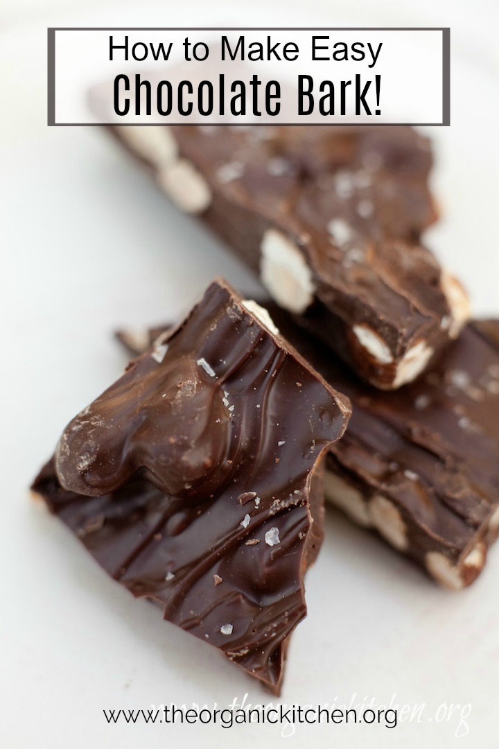 Three pieces of chocolate bark on white paper. How to make chocolate bark