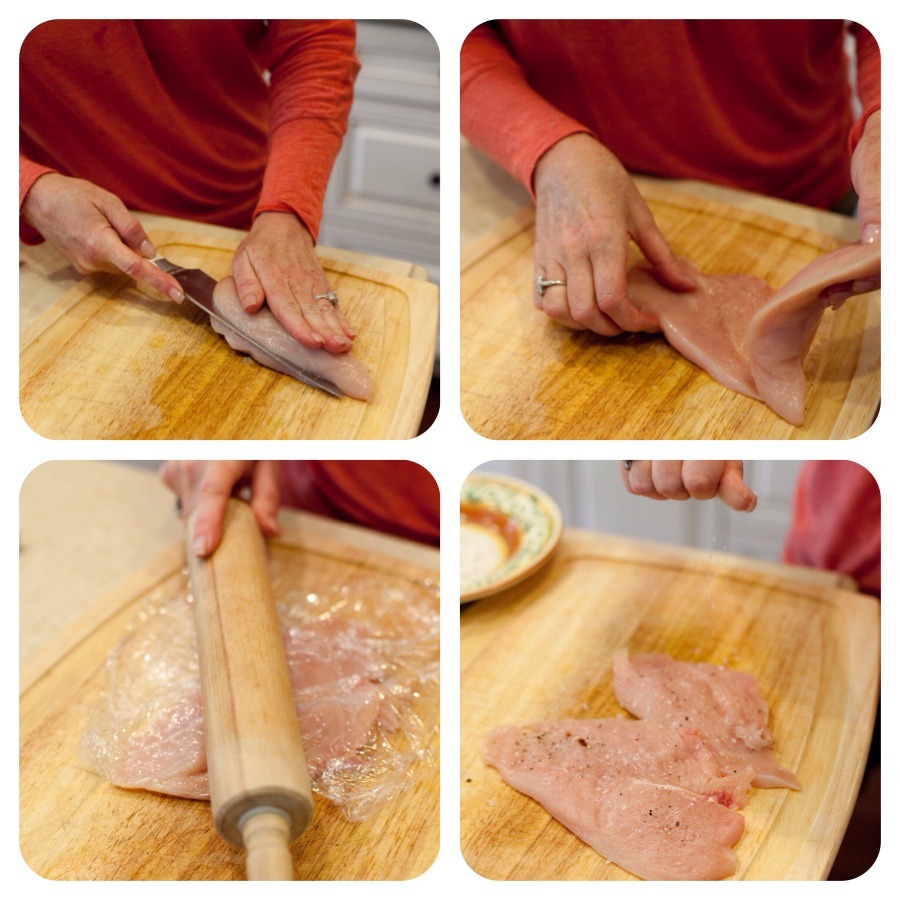 A woman demonstrating how to make cutlets for the Southwest Chicken Salad with Citrus Vinaigrette!