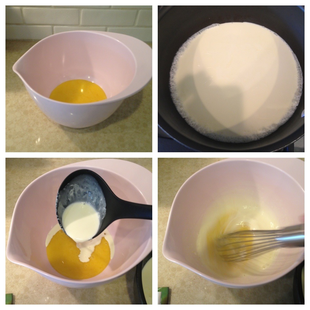 A collage showing how to temper cream and eggs for use in Lemon Vanilla Creme Brûlée