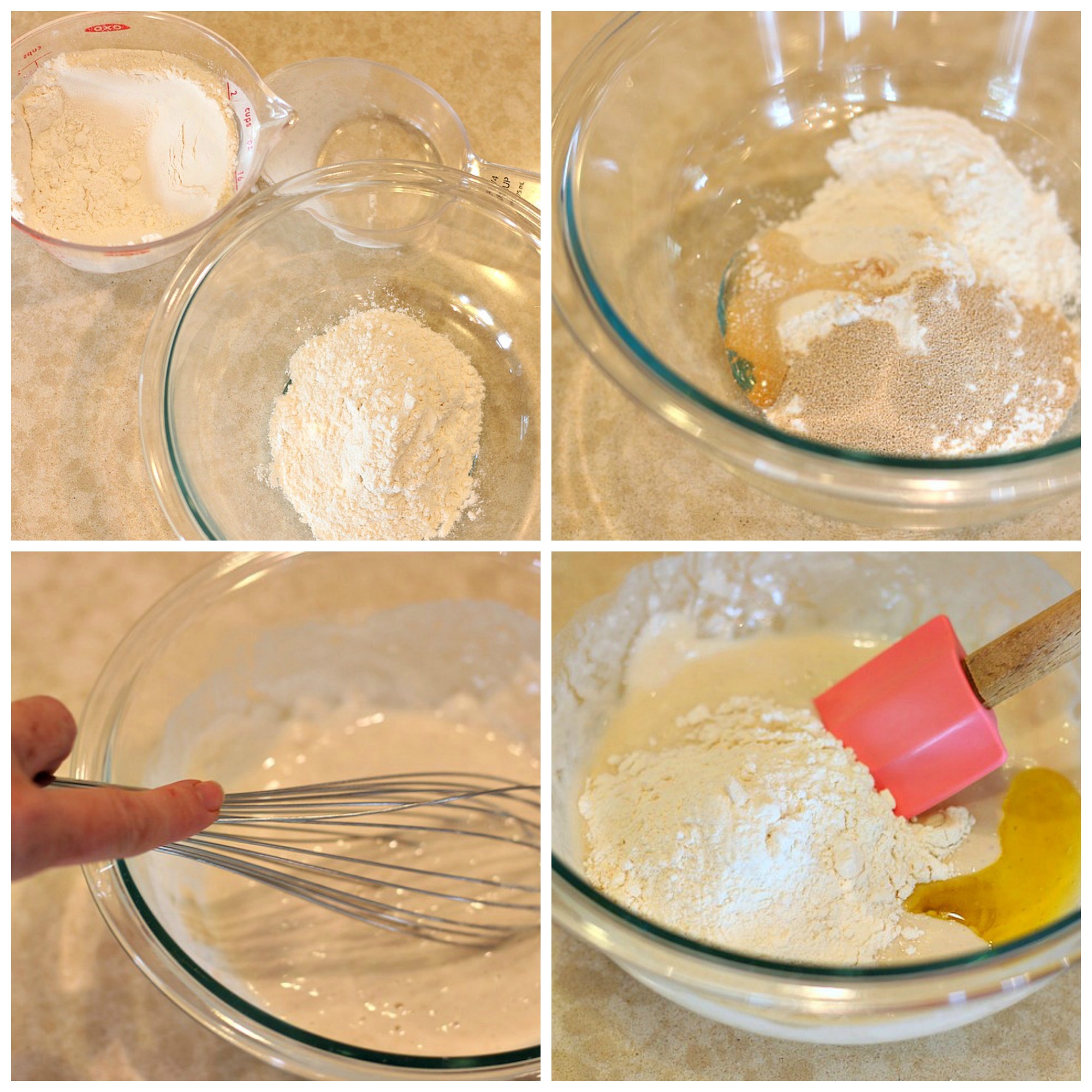 A collage of photos depicting How to make Homemade Pizza Dough 
