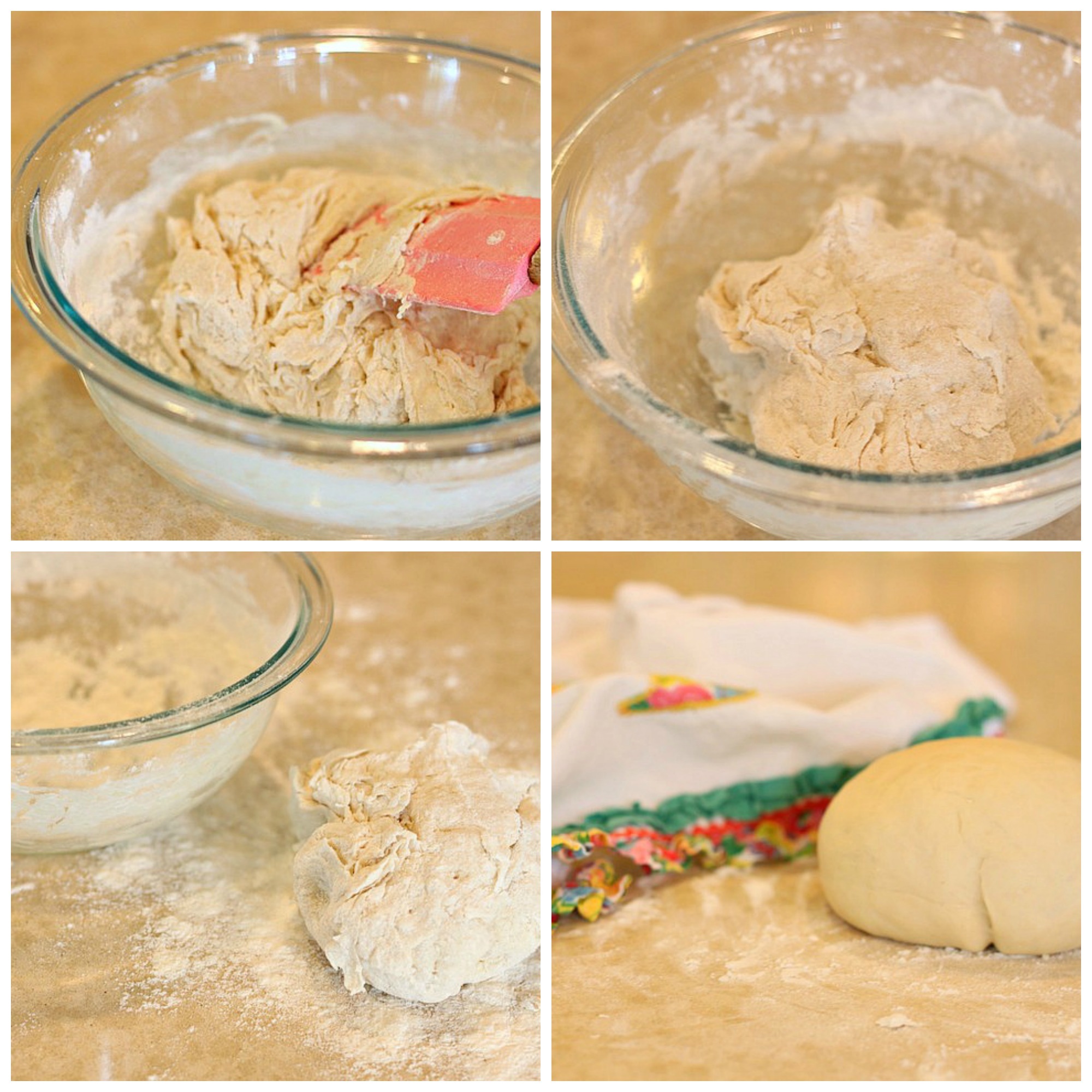 A collage of photos showing step by step How to make Homemade Pizza Dough 