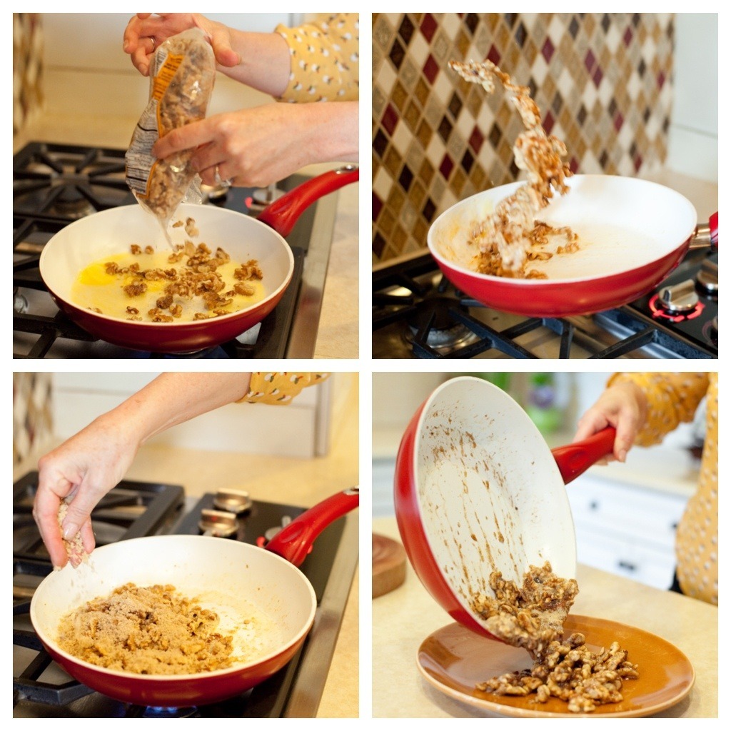 A woman's hands demonstrating how to caramelize nuts in a pan on the cooktop