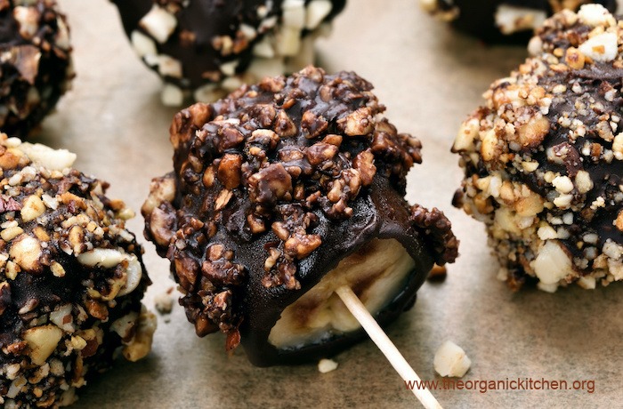 Chocolate Dipped Frozen Bananas Bites on sticks