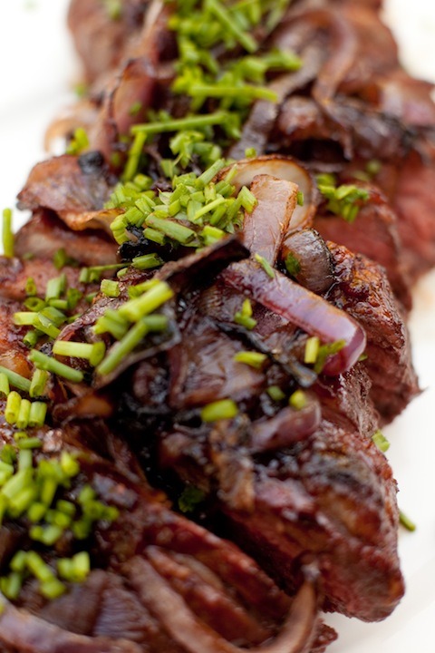 The Organic Kitchen Tri-Tip with Pomegranate BBQ sauce and Caramelized Onions topped with chopped chives