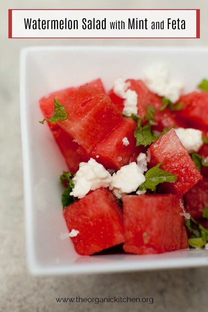 Watermelon salad with mint and feta in a white bowl