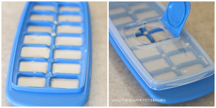 How to Make Almond Milk: Two ice trays filled with almond milk