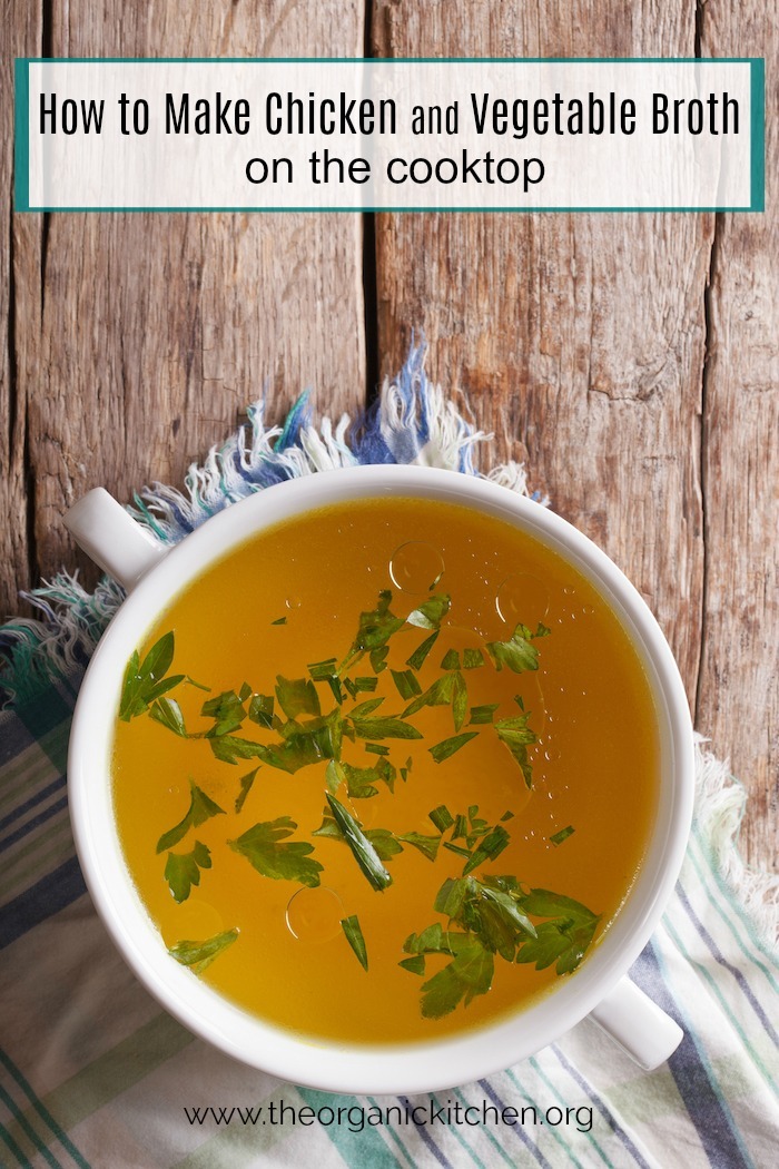 A bowl of chicken broth on a wood table covered with a blue and white cloth: How to make Chicken, Beef Or Vegetable Broth