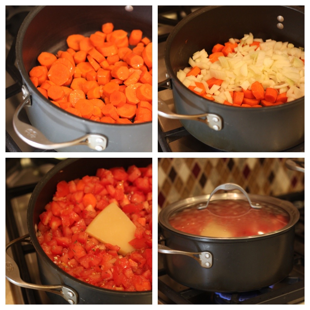 A photo collage of the process of making Creamy Carrot and Tomato Soup from The Organic Kitchen
