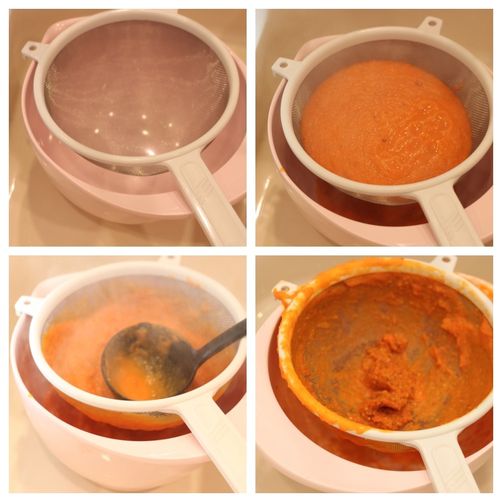 A photo collage showing how to strain tomato soup: Creamy Carrot and Tomato Soup from The Organic Kitchen