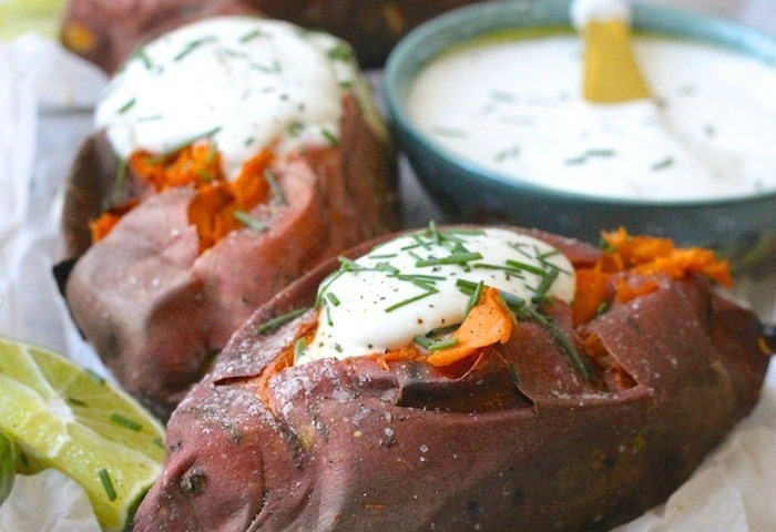 Baked Sweet Potatoes with Spicy Maple Creme Fraiche