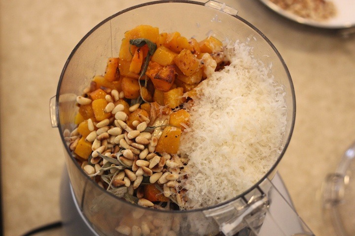 Roasted butternut squash, Parmesan, pine nuts and sage in a food processor before mixing: Homemade Butternut Squash Ravioli from The Organic Kitchen