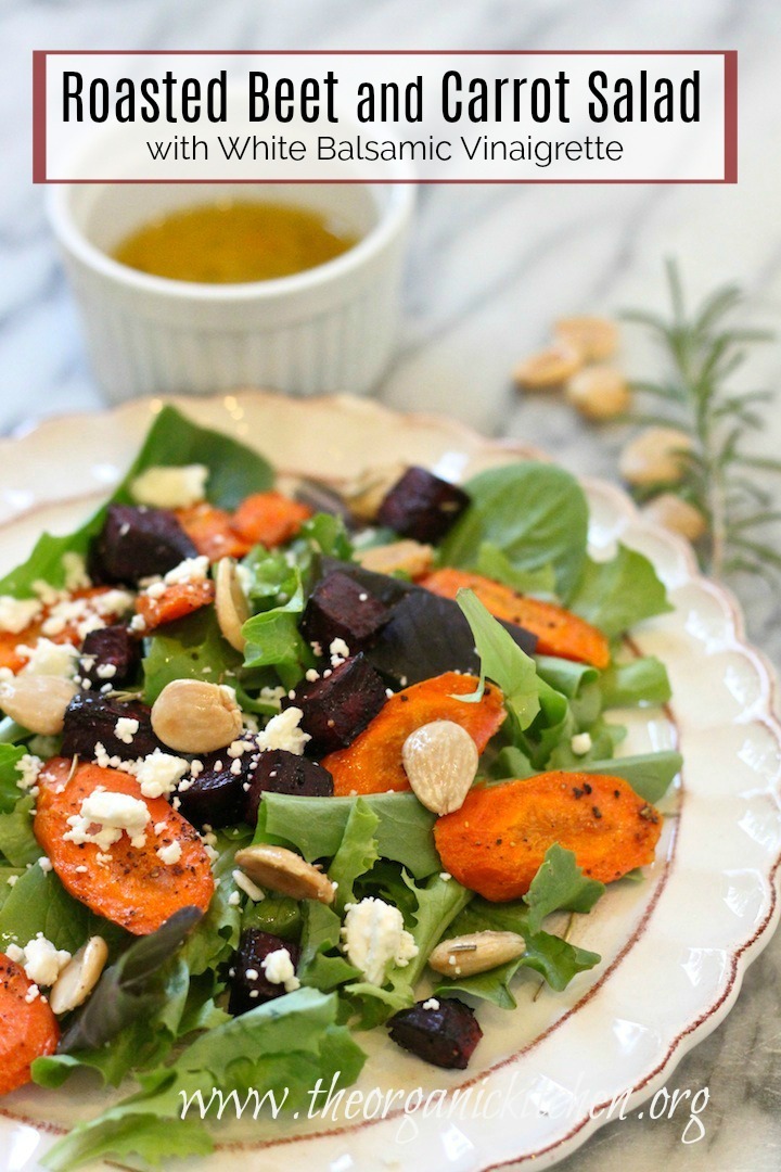 Roasted Beet and Carrot Salad with Lemon White Balsamic Vinaigrette on a white plate 