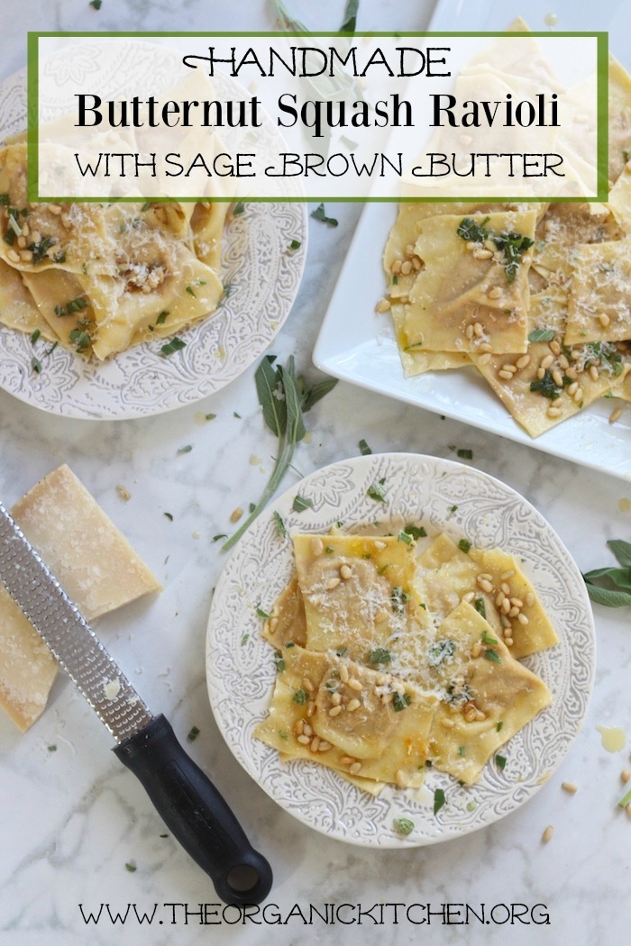 Handmade Butternut Squash Ravioli with Sage Browned Butter on white three plates with a block of parmesan and a microplane on white table