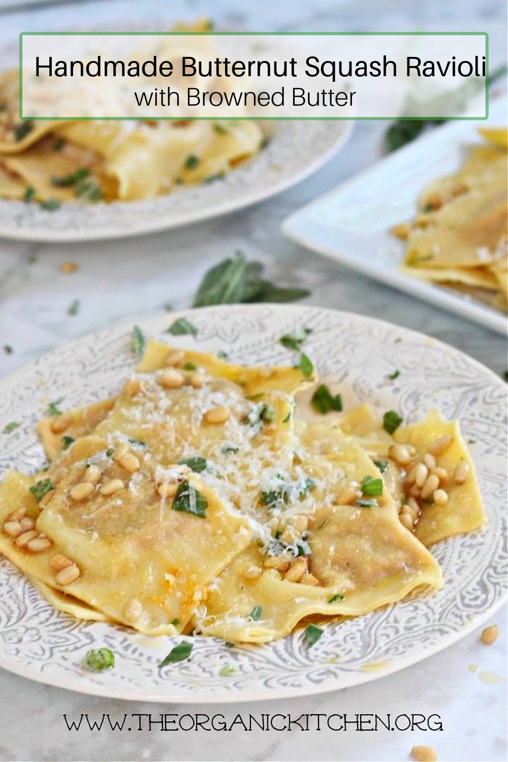 Butternut Squash Ravioli with Browned Butter on white plate