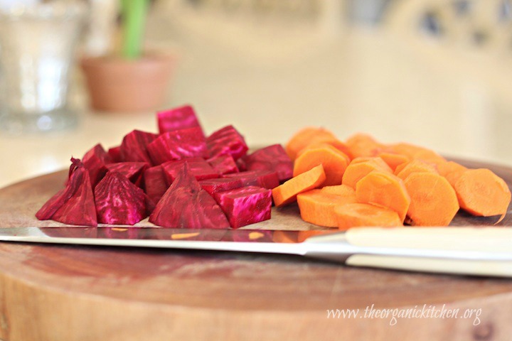 Chopped beets and carrots prepped for roasting. Roasted Beet and Carrot Salad with Lemon White Balsamic Vinaigrette