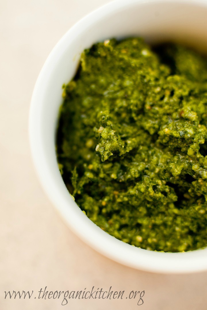 A small bowl of pesto for use in Roasted Baby Potatoes with Pesto: Traditional and Whole30, dairy free, vegan option