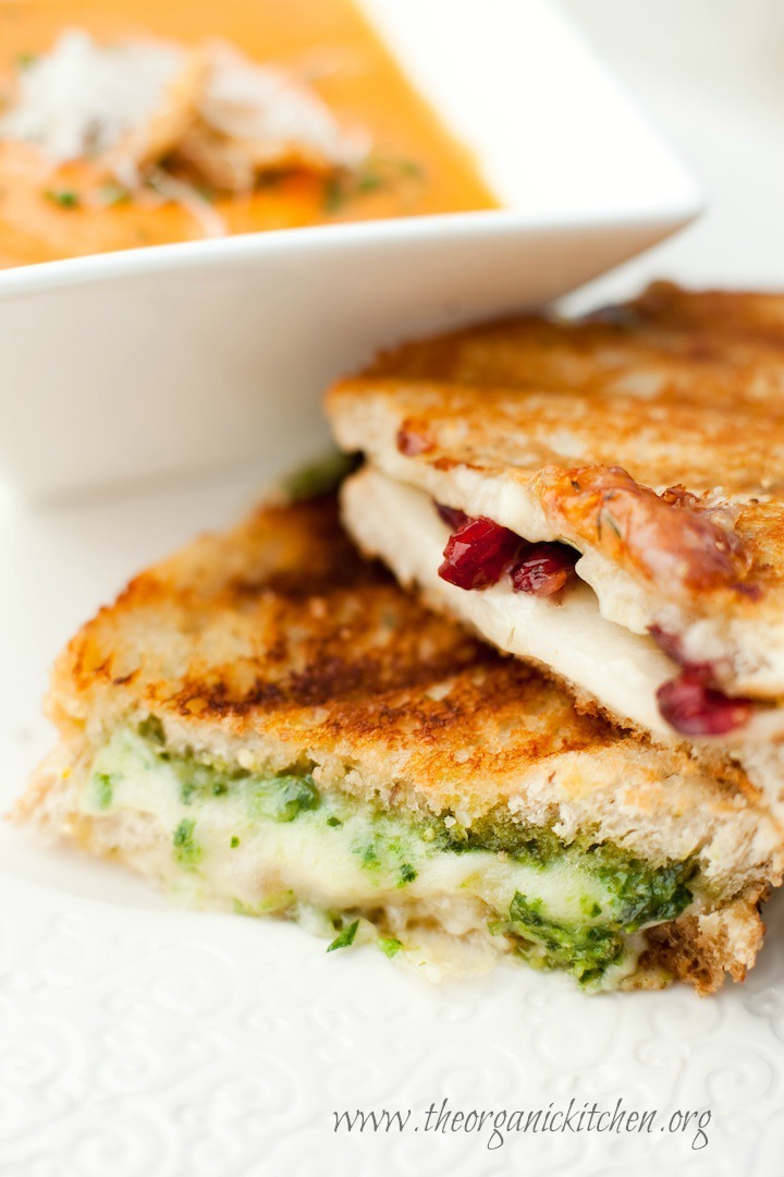 Comfort Food: Gourmet Grilled Cheese Sandwiches on white plate with a white bowl filled tomato soup in background 