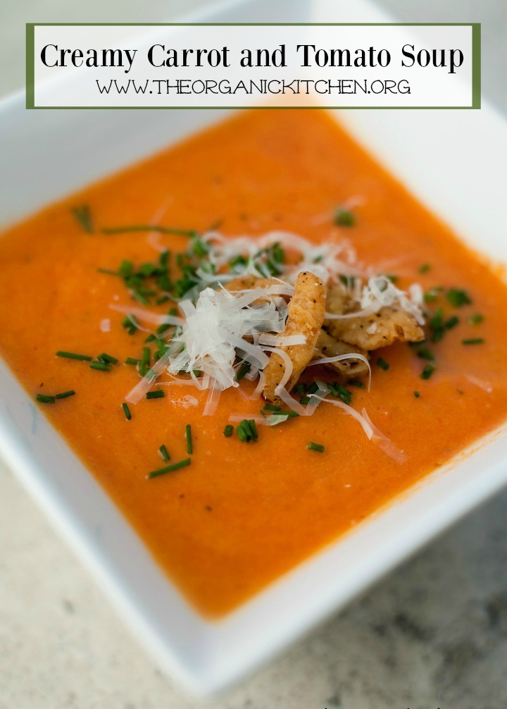 A bowl of Creamy Carrot Tomato Soup topped with crispy onions: Comfort Food at it's Finest!