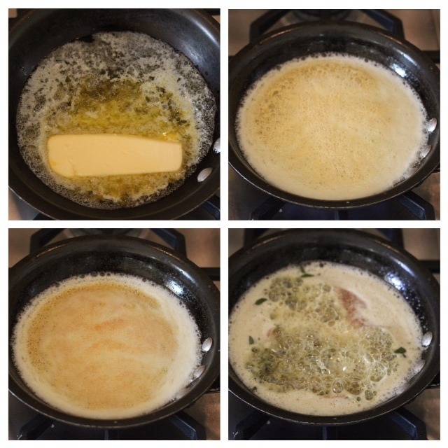 A collage of four pictures showing the process of making brown butter for Easy Ravioli with Sage Brown Butter