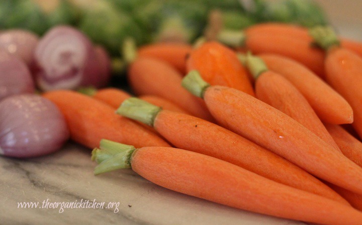 Baby carrots and shallots on marble surface