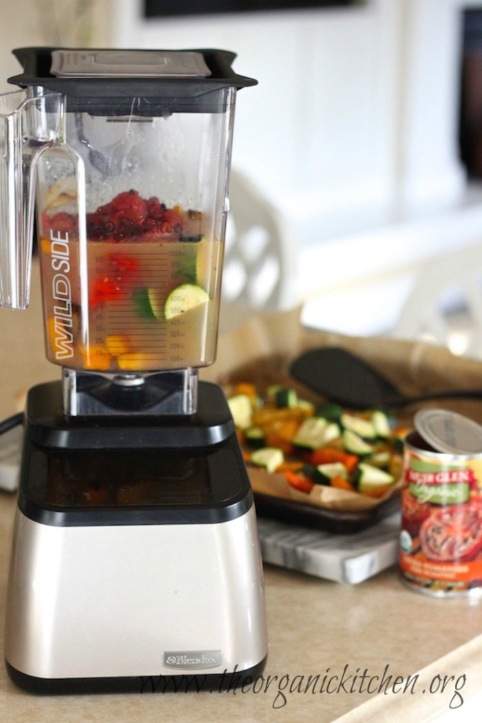 Roasted vegetables and broth in blender. Roasted Vegetable Soup!